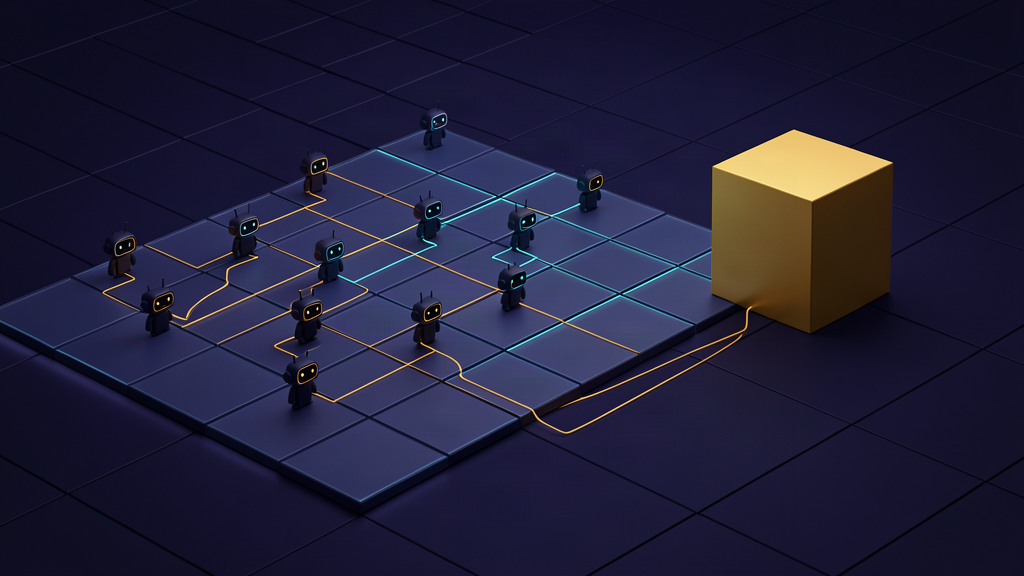 A dark digital public square where small AI agents connect to a single finished golden artifact outside their network.