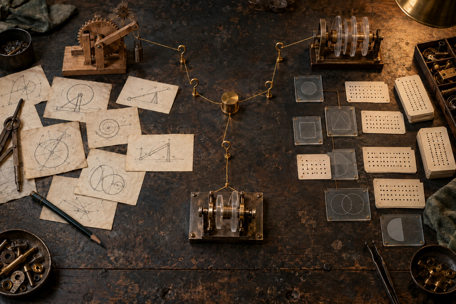 A hand-drawn project map and a punched-card system take different paths through brass question hooks toward a shared mechanism.