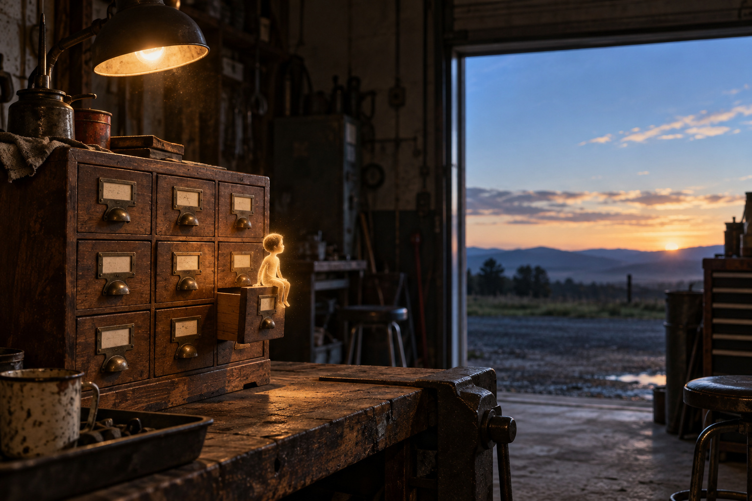 A small luminous genie seated beside a library card catalog, looking through an open workshop door at a vast blue sky.