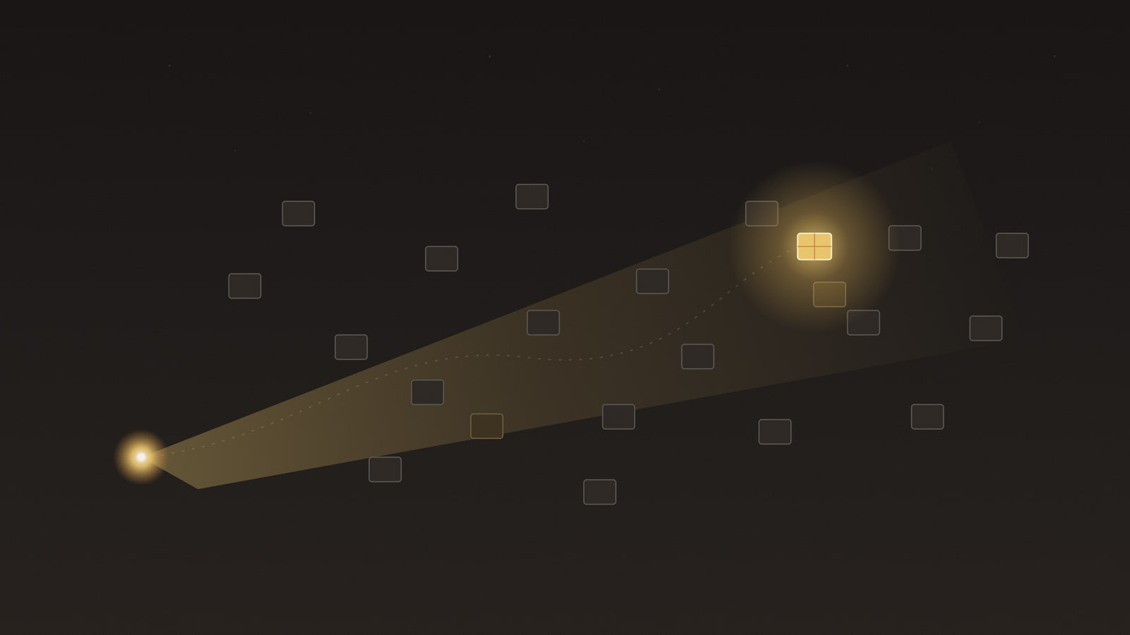 A dark map of dim, evenly scattered window shapes at night. A single flashlight beam reaches across them from one corner and lights the one window that is glowing gold.